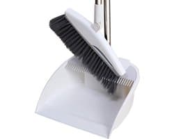 Stoffer en blik - Vegen set - Huishoudelijk schoonmaken - Roestvrij staal handvat - 92 cm bezem - Grijs