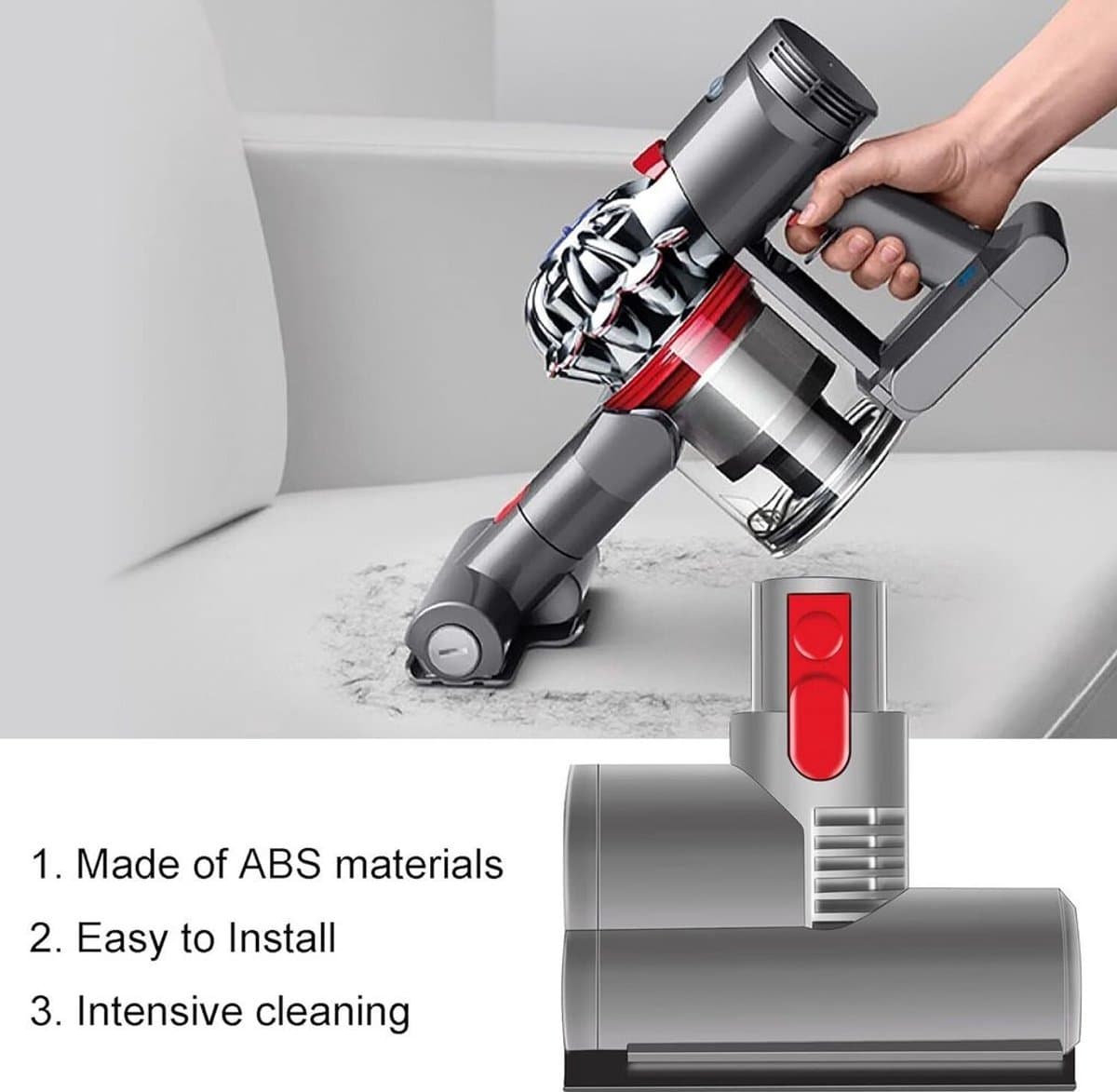 Deze elektrische mini-turbo matrasborstel is compatibel met Dyson V8/V10/V11 en wordt geleverd met snel verwisselbare borstelkoppen om bacteriën en allergenen te verwijderen van banken, autostoelen en fauteuils. — afbeelding 1