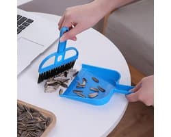 Mini Stoffer en Blik - Kleine Bezem Set - Bureau Schoonmaken - Zachte Borstelharen - Compact Ontwerp - Blauw