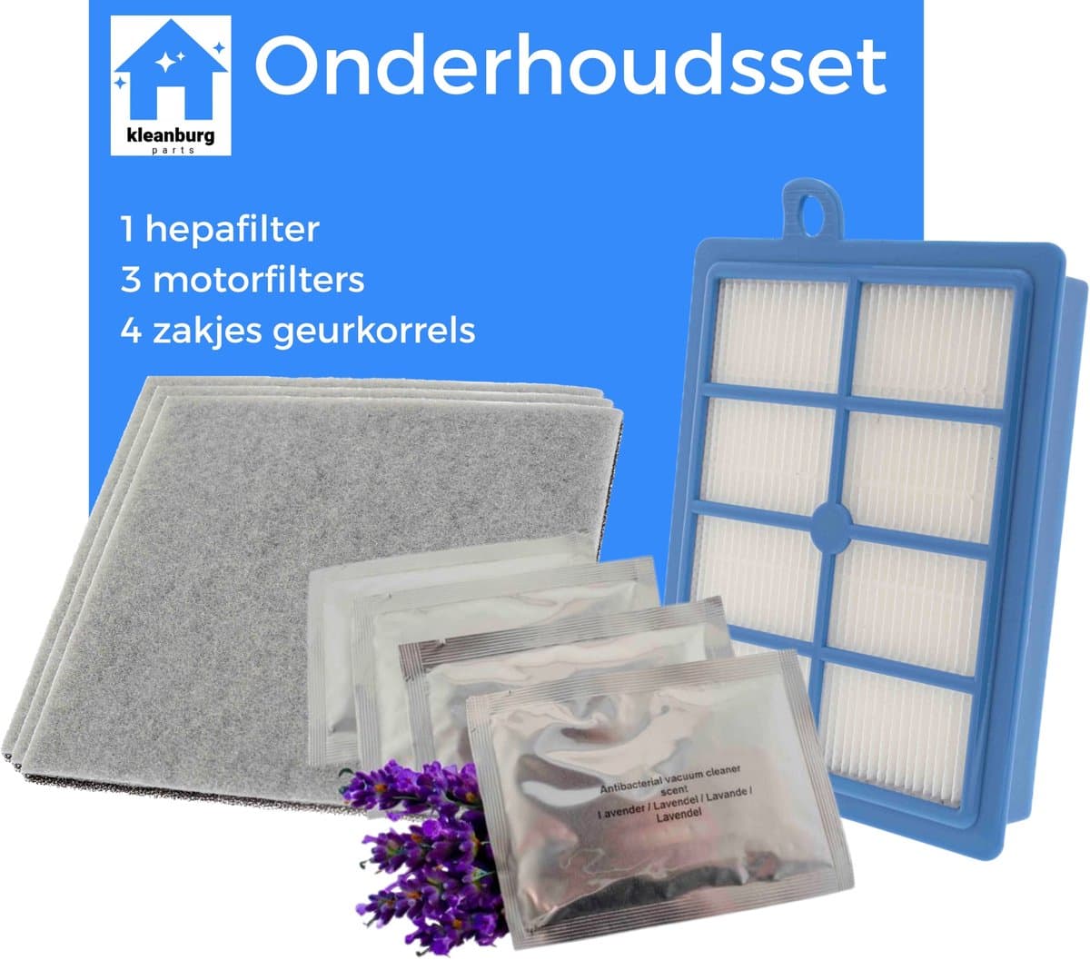 Kleanburg® Filter & Geurset geschikt voor Philips Performer Silent – HEPA H12 Filter, 3 Motorfilters & 4 Zakjes Lavendel Geurkorrels — afbeelding 1