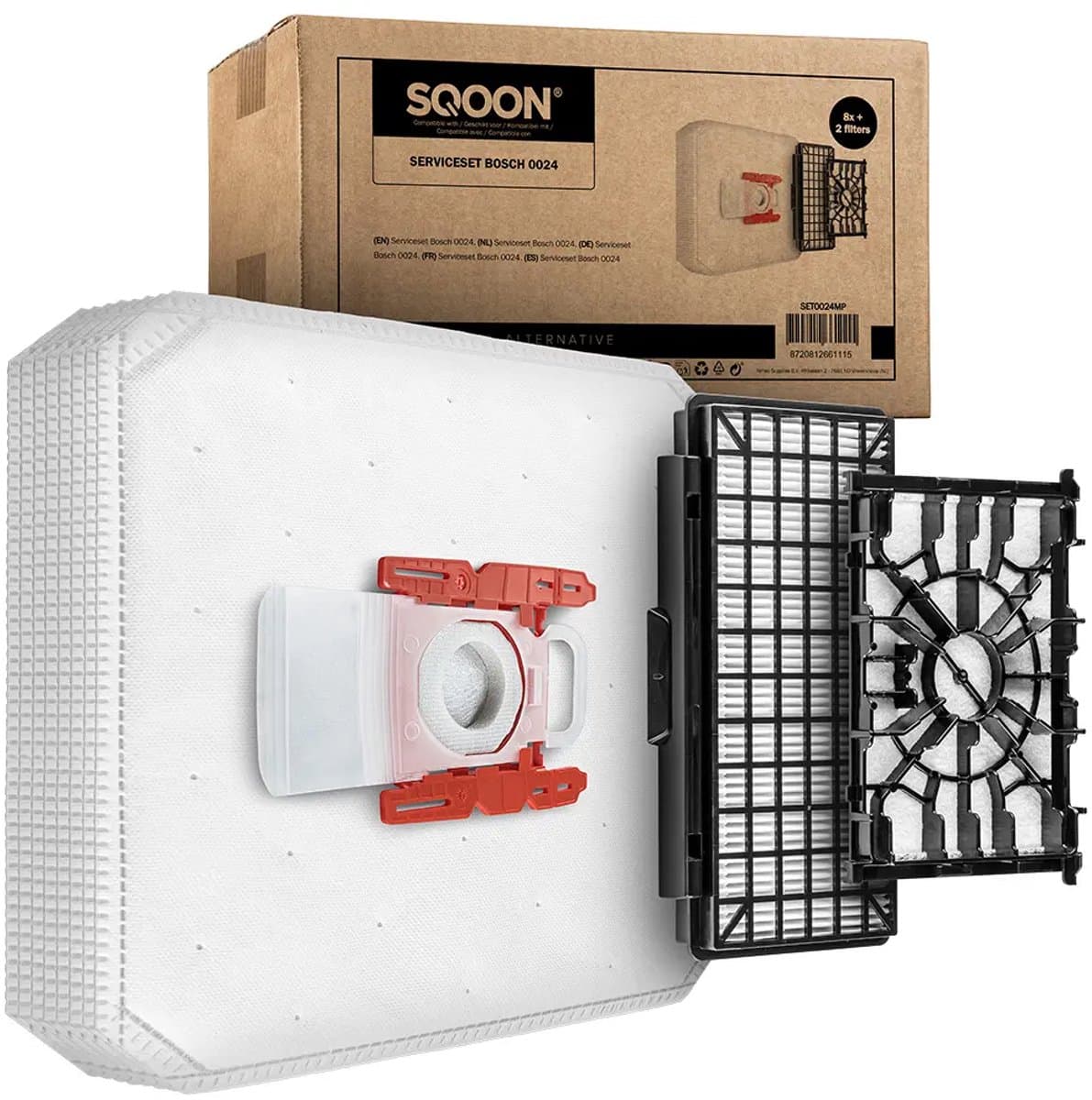 SQOON® Accessoireset geschikt voor Bosch Serie 8 In’genius – 8x G ALL Stofzuigerzakken + HEPA Uitblaasfilter + Motorfilter – Geschikt voor BGL8SIL5, BGL8X329, BGL8PRO2, BGL8PET1 en meer — afbeelding 1
