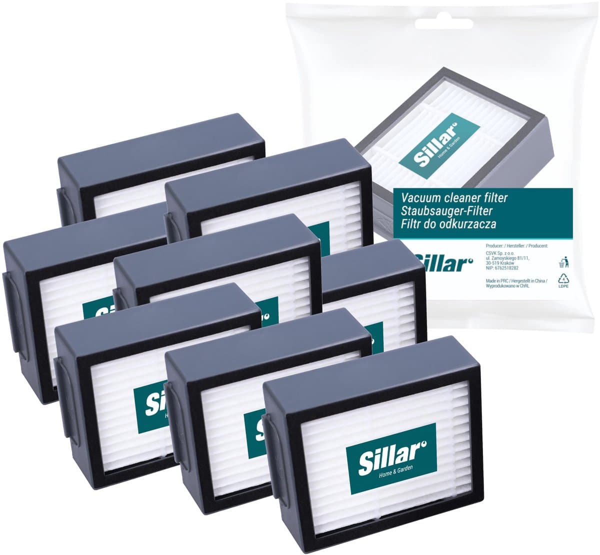 Sillar, set 8 stofzuigerfilters, HEPA filters, anti-allergeen, geschikt voor schoonmaakrobot iRobot Roomba serie E I J, E4, E5, E6, E7, Combo I5/I8/J5 PLUS, I3, I3+, I4, I4+, I5, I5+, vervanging, 5x6.5x2 cm — afbeelding 1