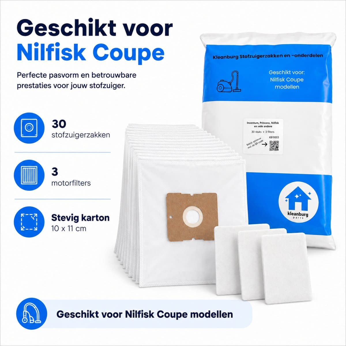 Kleanburg stofzuigerzakken geschikt voor Nilfisk Coupe en Nilfisk One | 30 stuks + 3 motorfilters | Microfiber stofzakken — afbeelding 1