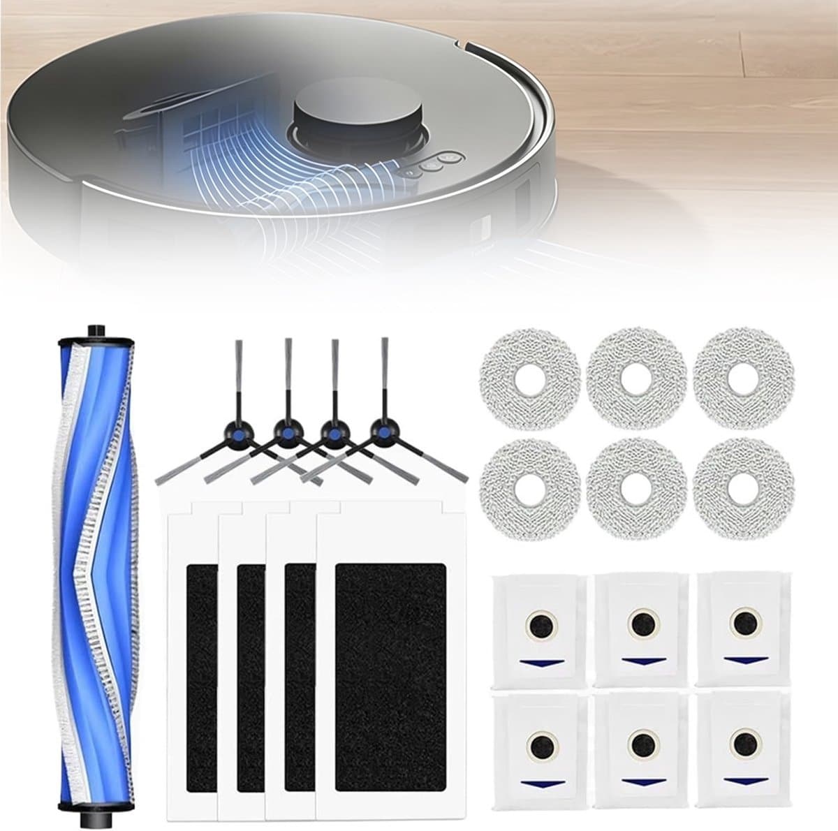 Accessoireset Voor Ecovacs Deebot T30 Pro Omni/T30 Omni - Vervangingsonderdelen Voor Robotstofzuigers - 1 Hoofdborstel 4 Hepa-Filters 4 Doekjes 6 Stofzakken 4 Zijborstels — afbeelding 1