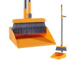 Stoffer en blik - Veegset - Huishoudelijk schoonmaken - 180 graden roterend - Lange steel - Geel
