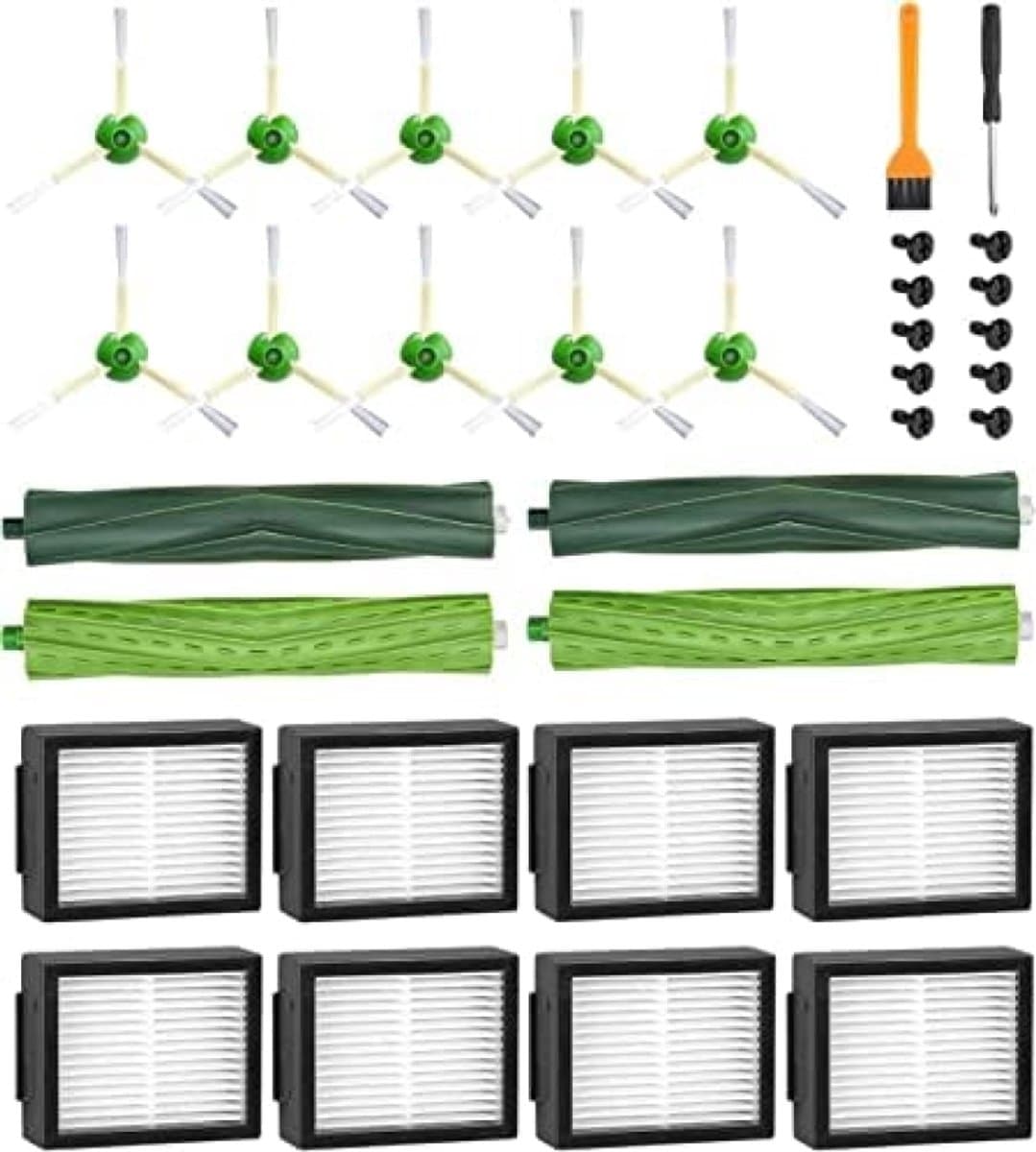 Reserveonderdelen voor Roomba E & I Serie E5 E6 i7 i7+ i3 i3+ i4 i4+ i6 i6+ j7 j7+ robotstofzuiger, accessoires, compatibel met Roomba, 2 set rubberen borstels, 8 filters, 10 zijborstels . — afbeelding 1
