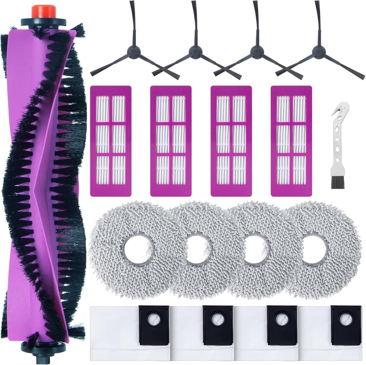 18 stuks - 1 hoofdrolborstel, 4 filters, 4 dweilpads, 4 zijborstels, 4 stofzakken, 1 borstel - Voor Eureka J15 Pro Ultra en Voor Midea V15 Pro/V15 Max/ V15 Pro Mini — afbeelding 1