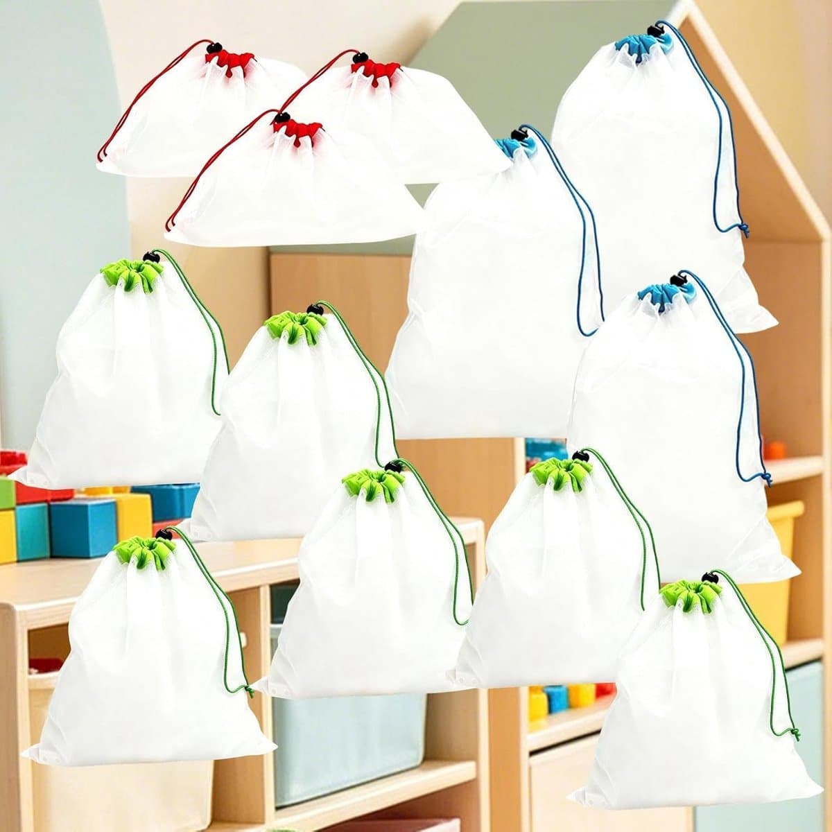 Opbergzakken - Organisatieset Trekkoord - Speelgoed Opbergen - Herbruikbaar Ademend - 12 Stuks 3 Maten - Meerdere Kleuren — afbeelding 1