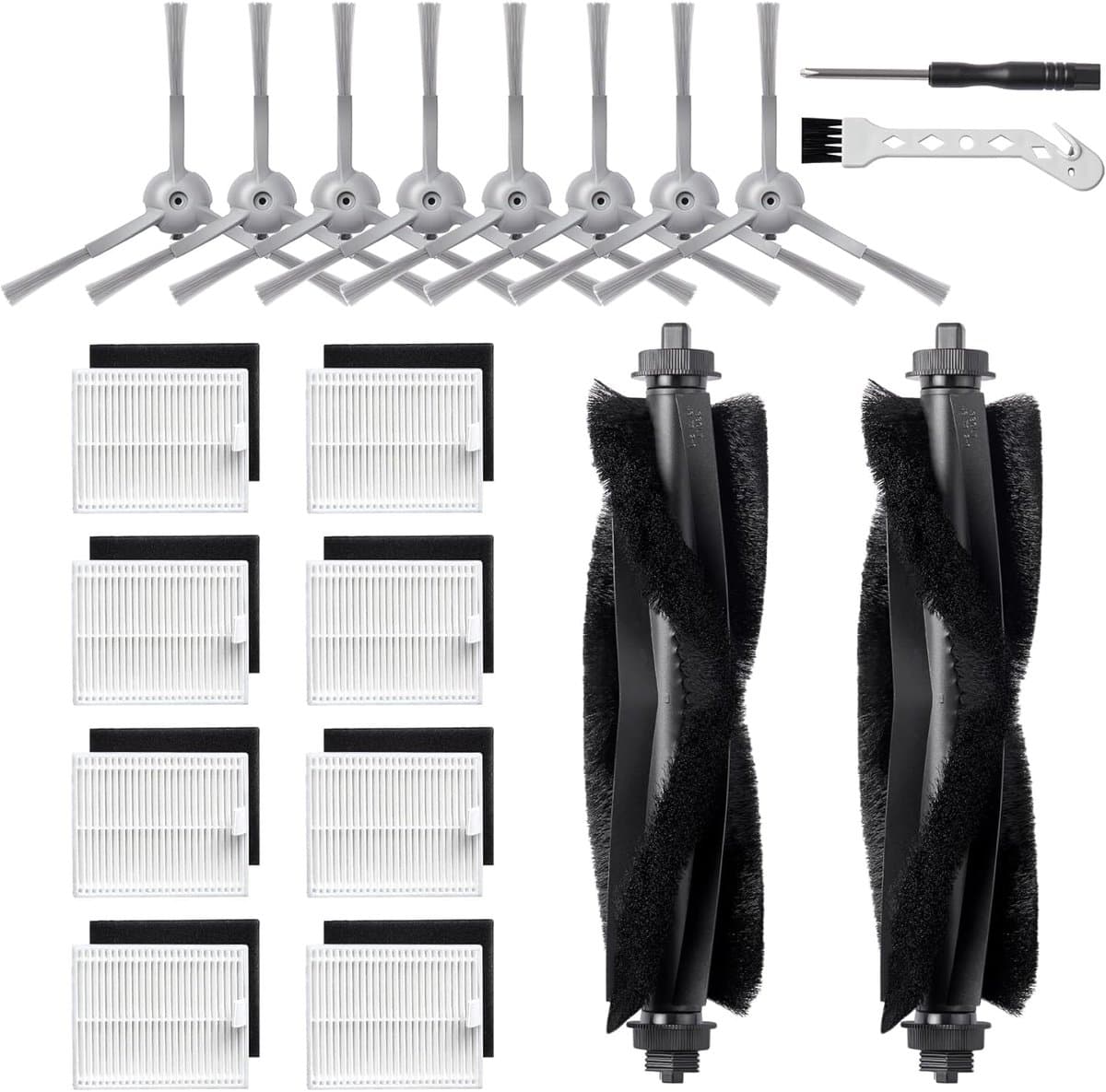 20 Stuks Reserveonderdelen Geschikt voor Eufy L50/ L60/ L50 SES/ L60 SES Stofzuigerrobot, Vervangende Accessoireset met 2 Hoofdborstels, 8 Zijborstels, 8 Filters, 1 Reinigingsborstel, 1 Schroevendraaier — afbeelding 1