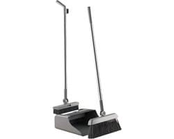 Stoffer en Blik Set - Veegset Schoonmaak - Vloeren Schoonmaken - Roestvrij Materiaal - 3 Delen - Grijs