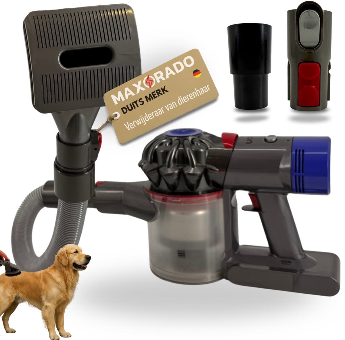 Maxorado dierverzorgingsborstel met 140cm slang en adapters - stofzuiger opzetstuk voor honden katten paarden - haarverzorging geschikt voor dyson v7 v8 v11 v15 en 35mm systemen - Dierenhaar Borstel — afbeelding 1