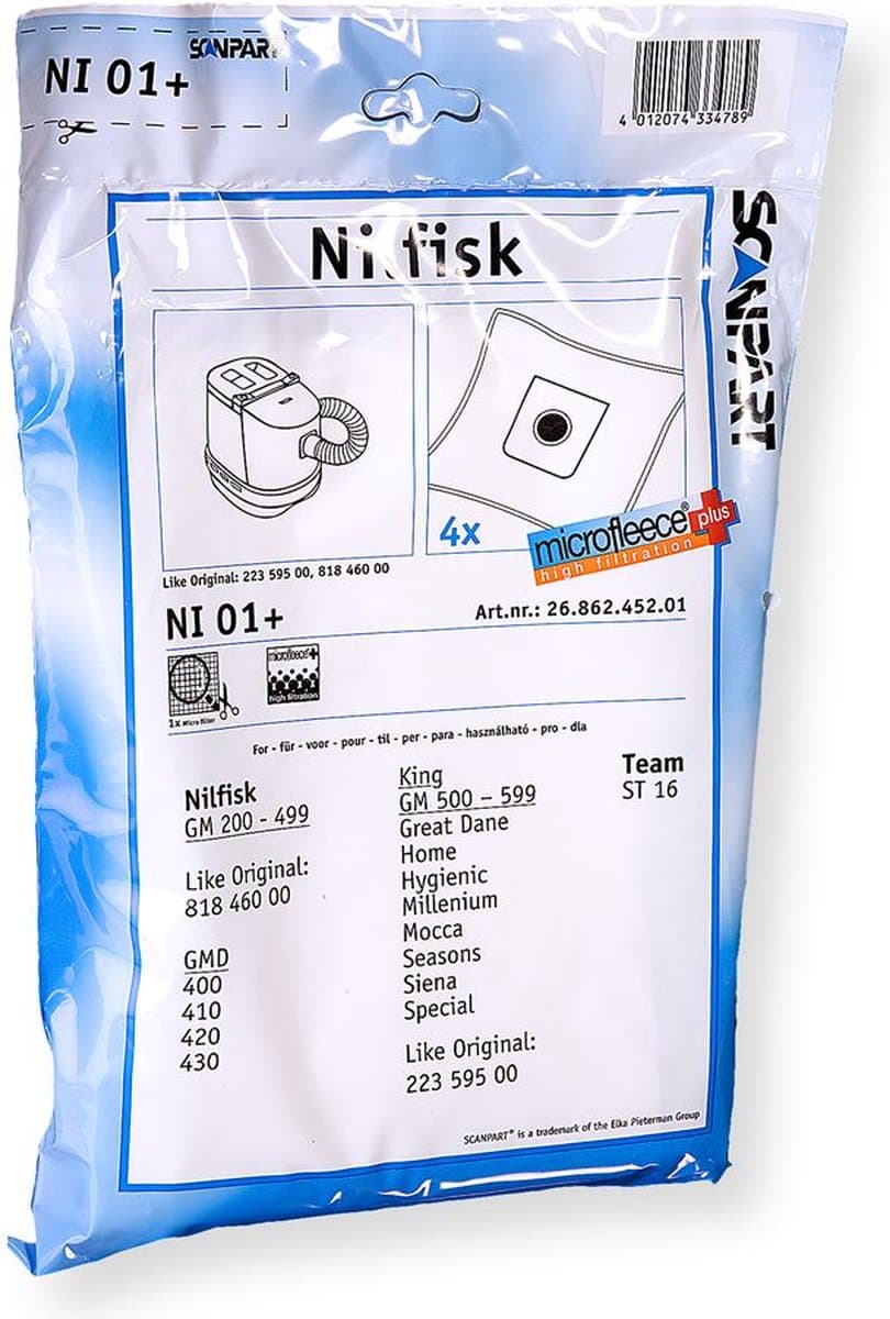 Scanpart stofzuigerzakken 4 stuks - Geschikt voor Nilfisk Elite Extreme GM300 GM400 GM500 King Power - Inclusief 1 filter - Alternatief — afbeelding 1