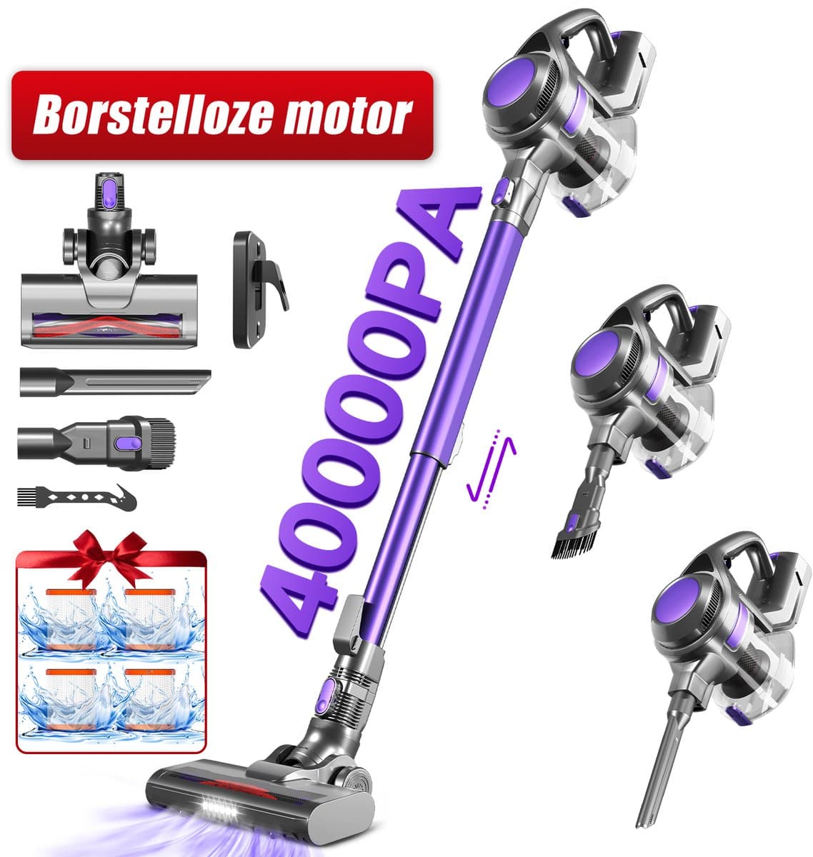 Fukstern Draadloze Steelstofzuiger - 40kPa Zuigkracht - 55 Minuten Werktijd - 2 Zuigstanden - 5-lags HEPA-filtersysteem - Paars — afbeelding 1