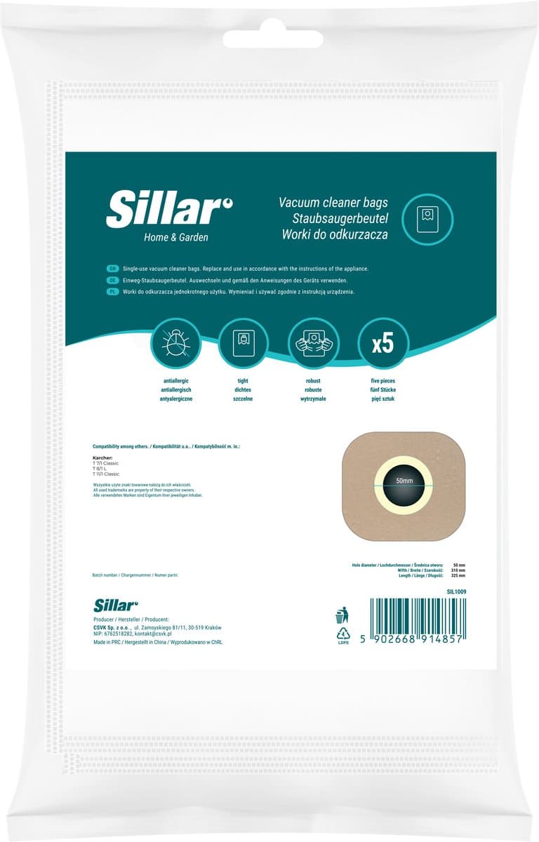 Sillar, stofzuigerzakken, synthetisch, anti-allergeen, 3 filterlagen, vervanging voor 6.904-084.0, geschikt voor stofzuigers Karcher T7/1 Classic T8/1 L T11/1 Classic, 5 stuks — afbeelding 1