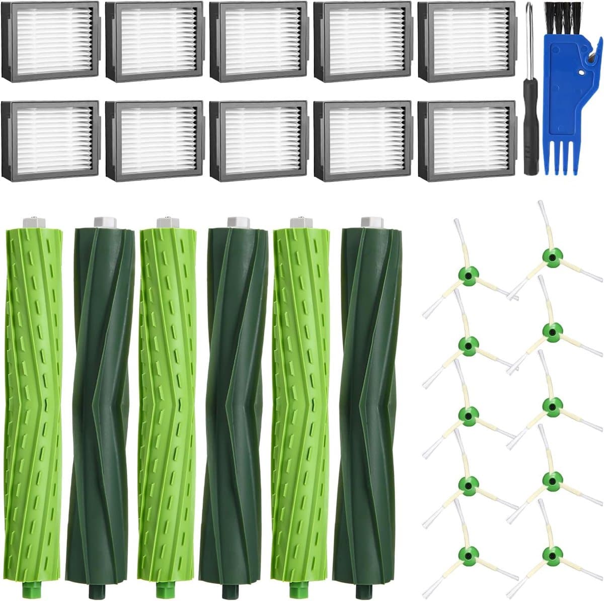 reserveonderdelen geschikt voor iRobot Roombai7 i7+ i3 i3+ i4 i4+ i8 i8+ E5 E6 serie, inclusief 3 sets rubberen borstels, 10 hoogwaardige filters en 10 zijborstels. — afbeelding 1