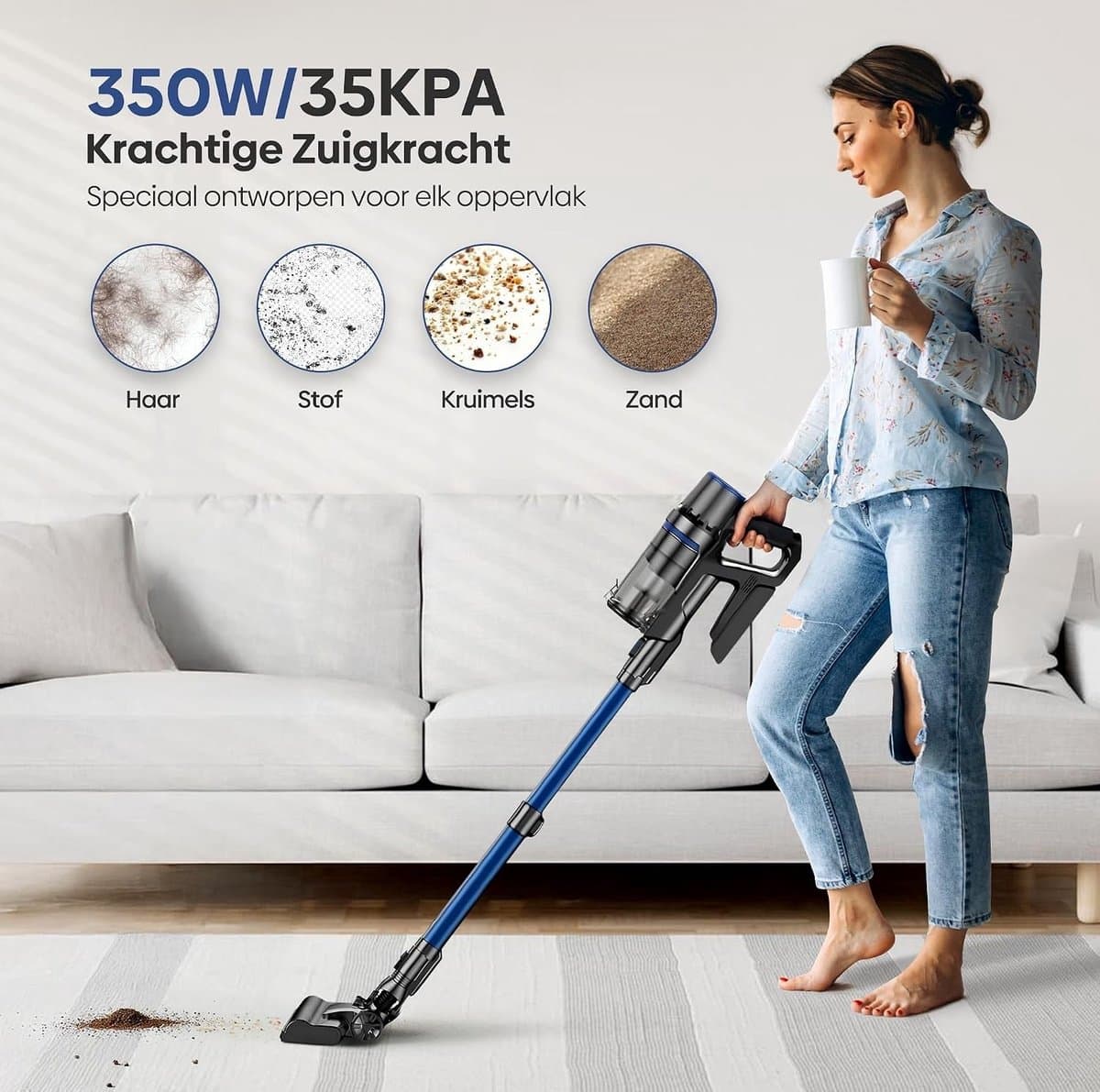 Draadloze Steelstofzuiger met Dweilfunctie - Donkerblauw - 1 Stuk - 350W Motor met HEPA Filter - Voor Tapijt en Harde Vloeren — afbeelding 1