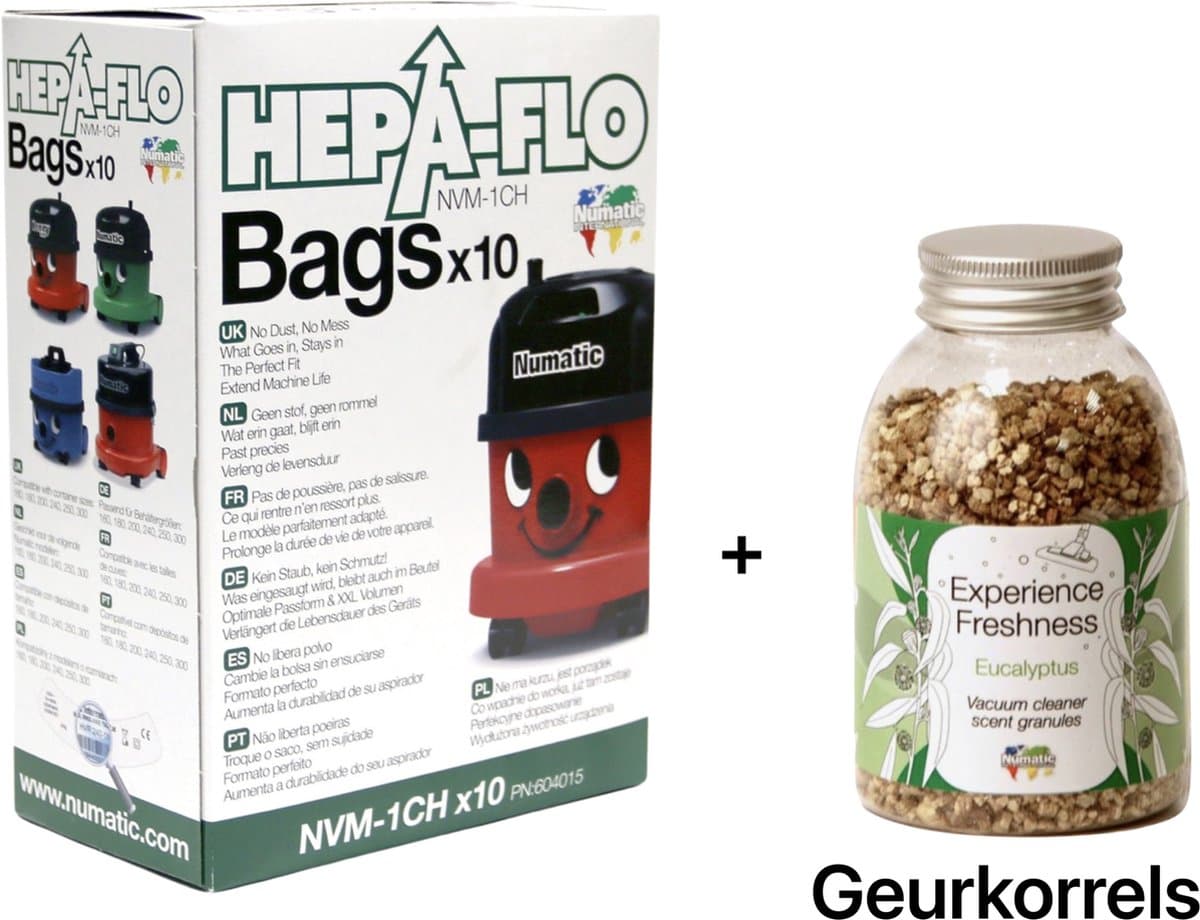 Numatic - Stofzuigerzakken + Geurkorrels (eucalyptus geur) - Hepa flo bags - Voor Henry/Hetty - NVM 1CH X10 - COMBIDEAL — afbeelding 1