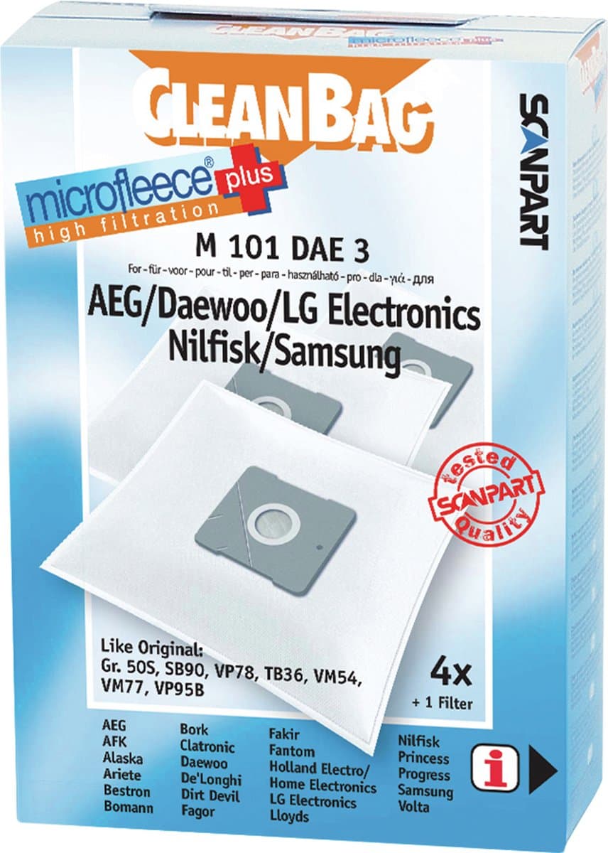 CleanBag stofzuigerzakken 4 stuks - Geschikt voor AEG Deawoo LG Nilfisk Samsung - Type Gr 50 SB90 VP78 TB36 VM54 VM77 VP95B - Inclusief 1 filter - Alternatief — afbeelding 1