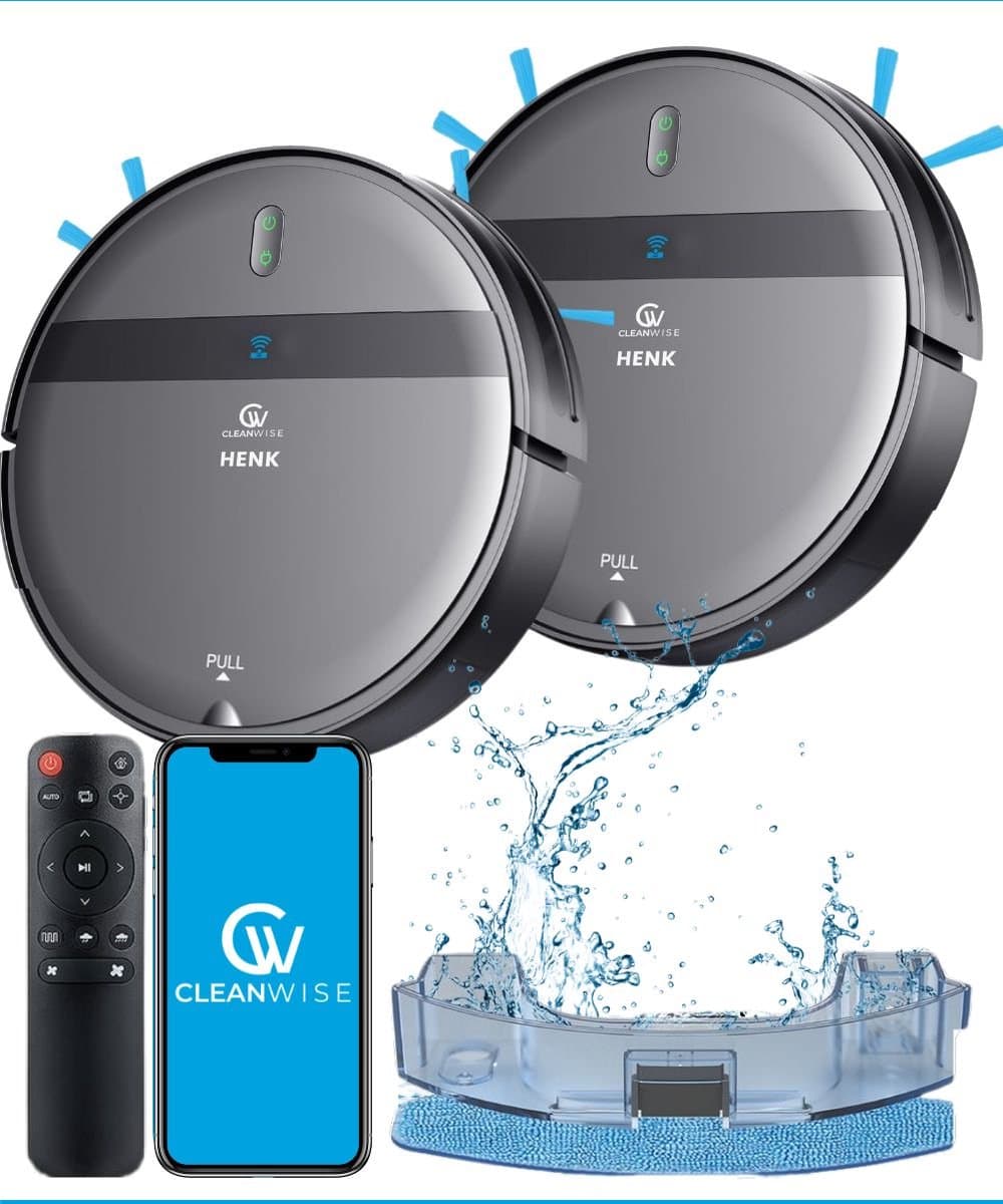 CleanWise Henk Duo Pack – 2× Robotstofzuiger met dweilfunctie en laadstation – 4500 Pa zuigkracht, app- en spraakbediening – ideaal voor huisdieren, harde vloeren & tapijt — afbeelding 1
