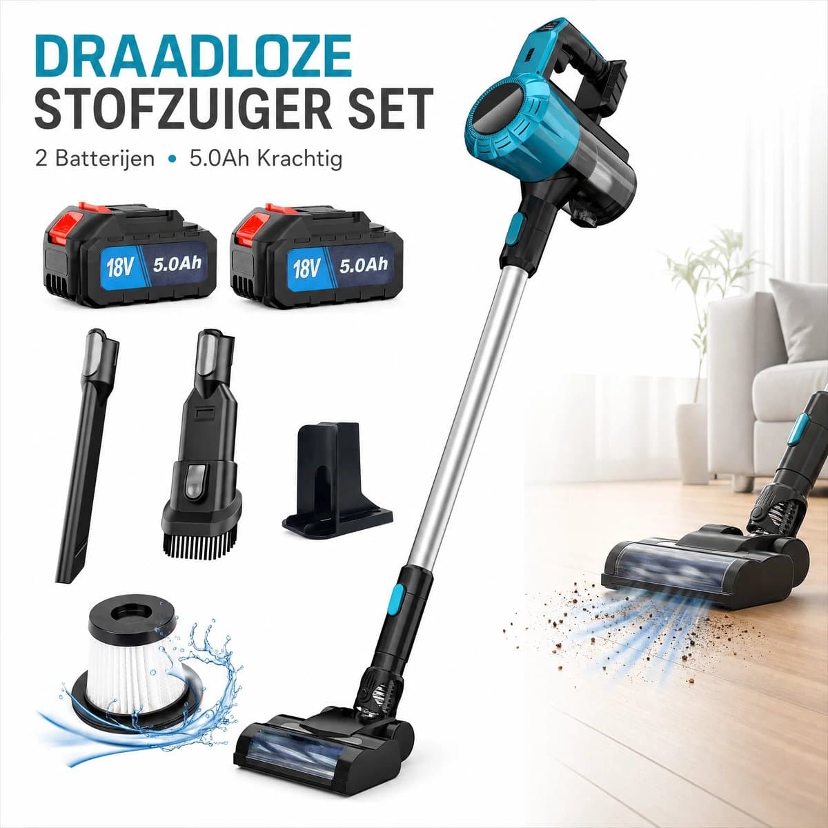Accustofzuiger / Draadloze Stofzuiger / Huishoudstofzuiger – 375W borstelloze motor – 2x 18V 5.0Ah accu's & lader – Met verlengbuis, dweilmopmondstuk, spleetmondstuk, borstelmondstuk & 2 HEPA-filters – Voor vloer, tapijt, auto & meubels — afbeelding 1