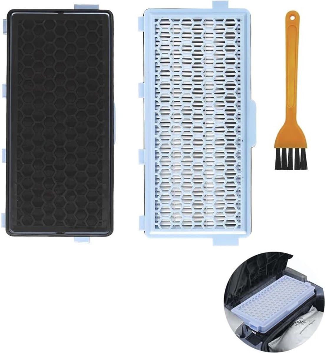 Vervangingsfilters (twee stuks) geschikt voor Miele Complete C1 C2 Active AirClean SF-HA 50 stofzuigers; ook geschikt voor Miele Compact C1 C2 S8340 stofzuigers; en S4, S5, S6 en S8 serie stofzuigers geschikt voor borstelkop (blauw). — afbeelding 1