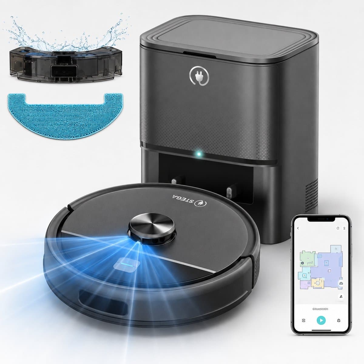 STEGA RoboCleaner Max - Robotstofzuiger met Leegstation en Dweilfunctie - 5000 Pa - LDS Lasernavigatie - App - 150 min — afbeelding 1
