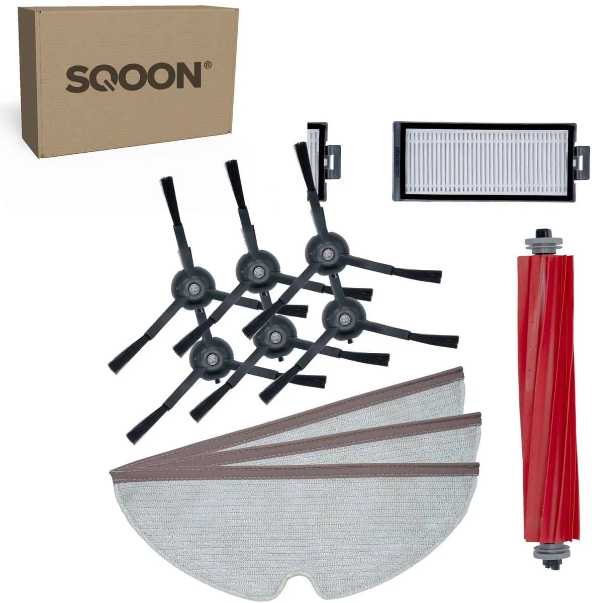 SQOON® vervangingsset geschikt voor Roborock Q7 serie robotstofzuiger - 12-delige onderhoudskit met HEPA filters, zijborstels, borstelrol en dweilpads — afbeelding 1