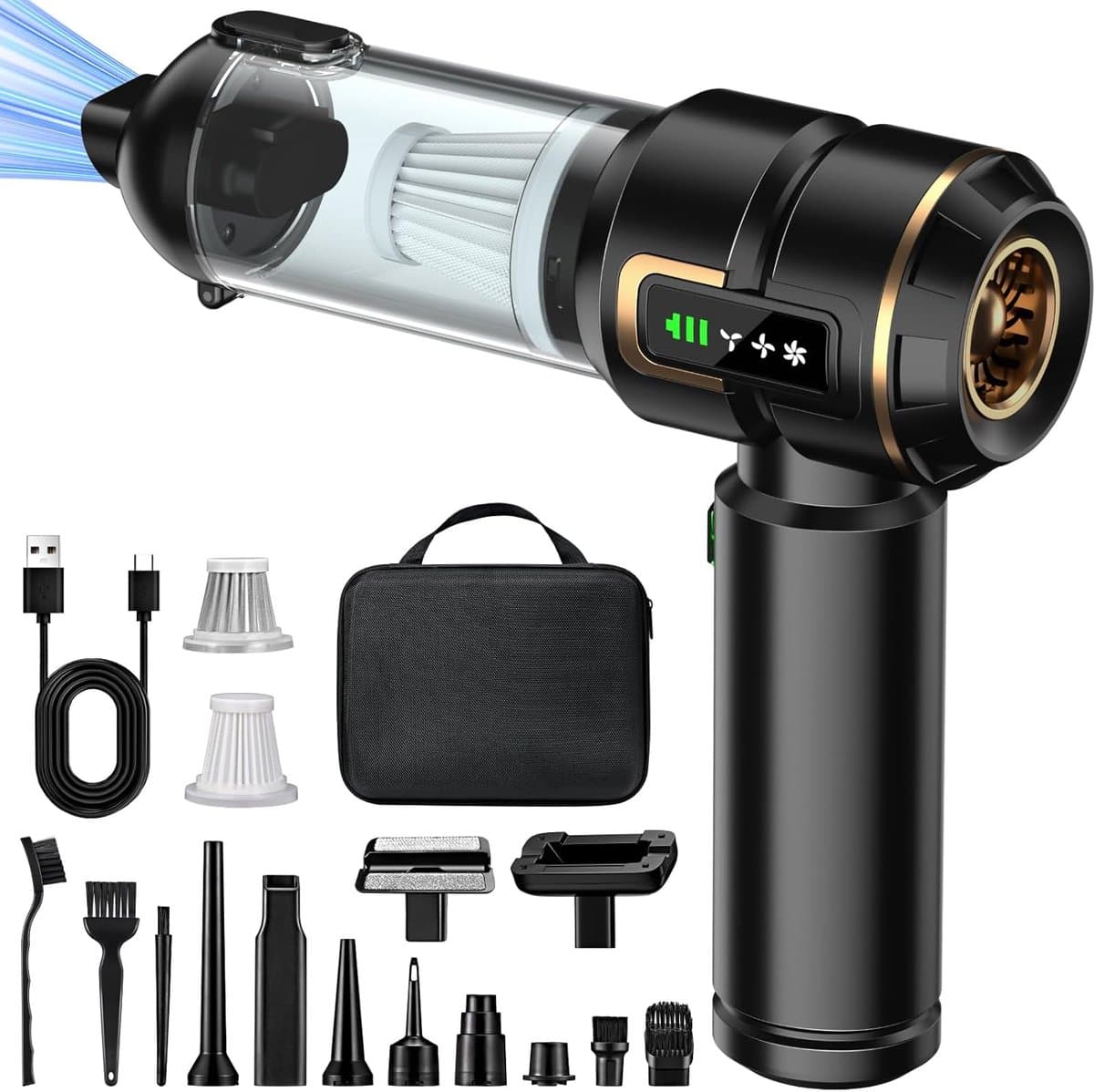 SnelShoppen - Handstofzuiger Accu 4-in-1 Draadloos met LCD-Display, Sterke Autostofzuiger 28000PA, 3-standen, Mini Stofzuiger voor Auto, Keuken, PC, B — afbeelding 1
