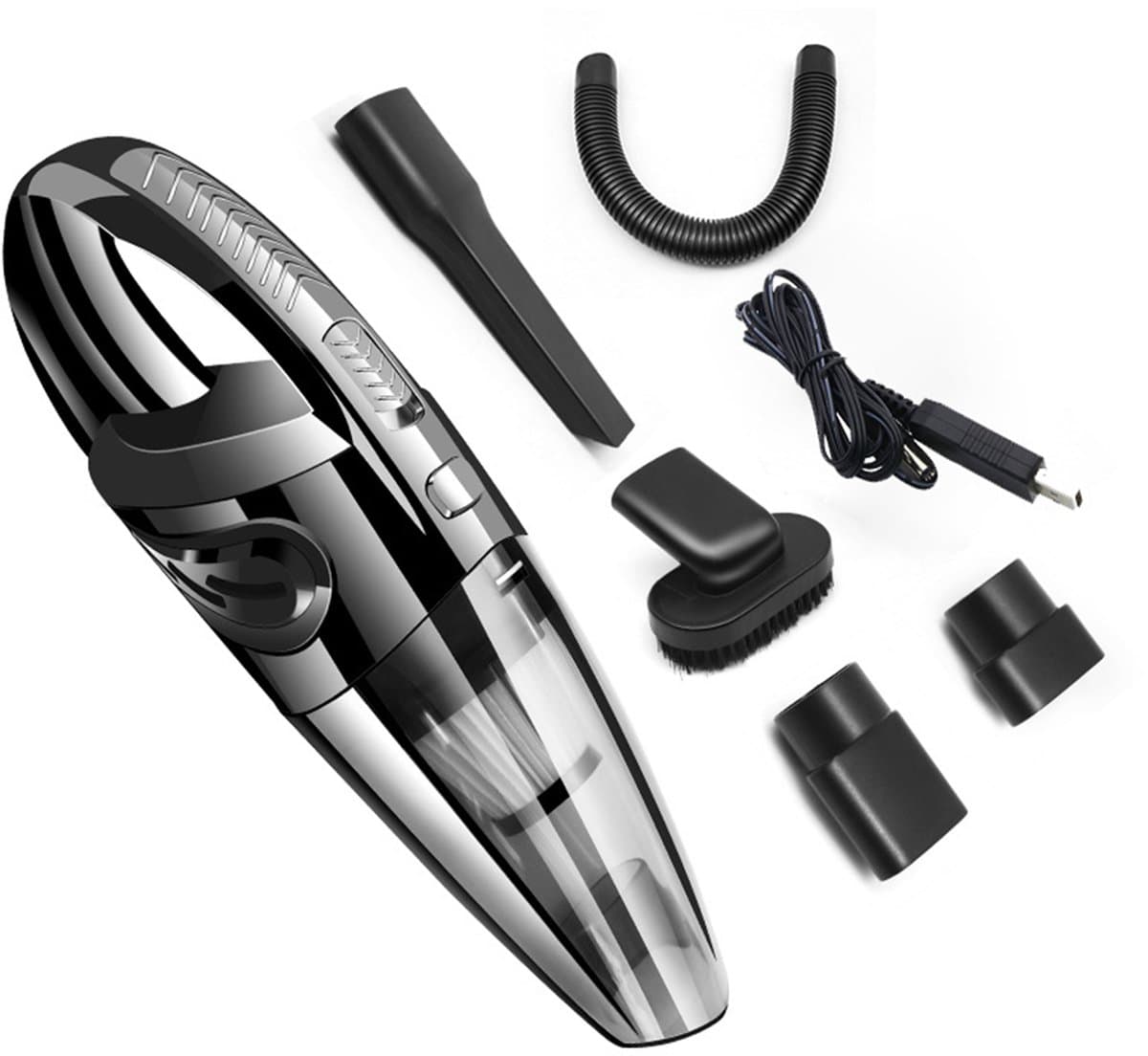 Autostofzuiger Draadloze Kruimeldief voor Auto en Thuis Handstofzuiger – Auto-accessoires – Met 5-delige Opzetstukkenset & USB – Krachtig, Nat en Droog & Draagbaar - ABS - Zwart - R-6053 — afbeelding 1