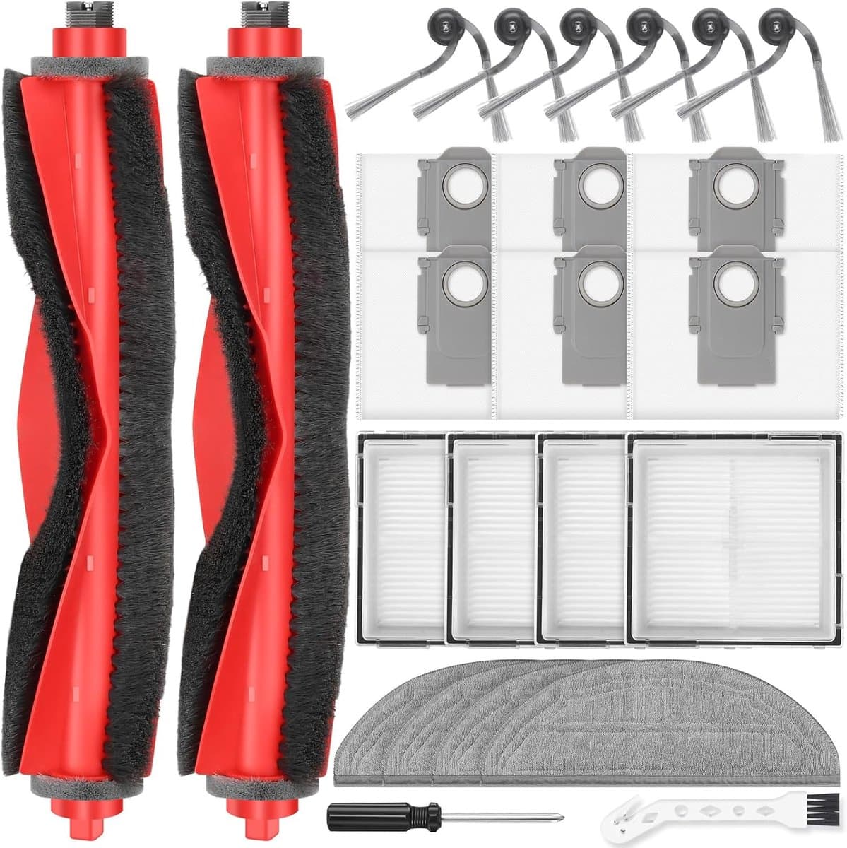 24 stuks accessoires gescht voor Roborock Q10 S5+ robotstofzuiger, 2 hoofdborstels, 6 stofzakken, 4 dweilpads, 4 HEPA-filters, 6 zijborstels, 1 reinigingsborstel, 1 schroevendraaier — afbeelding 1