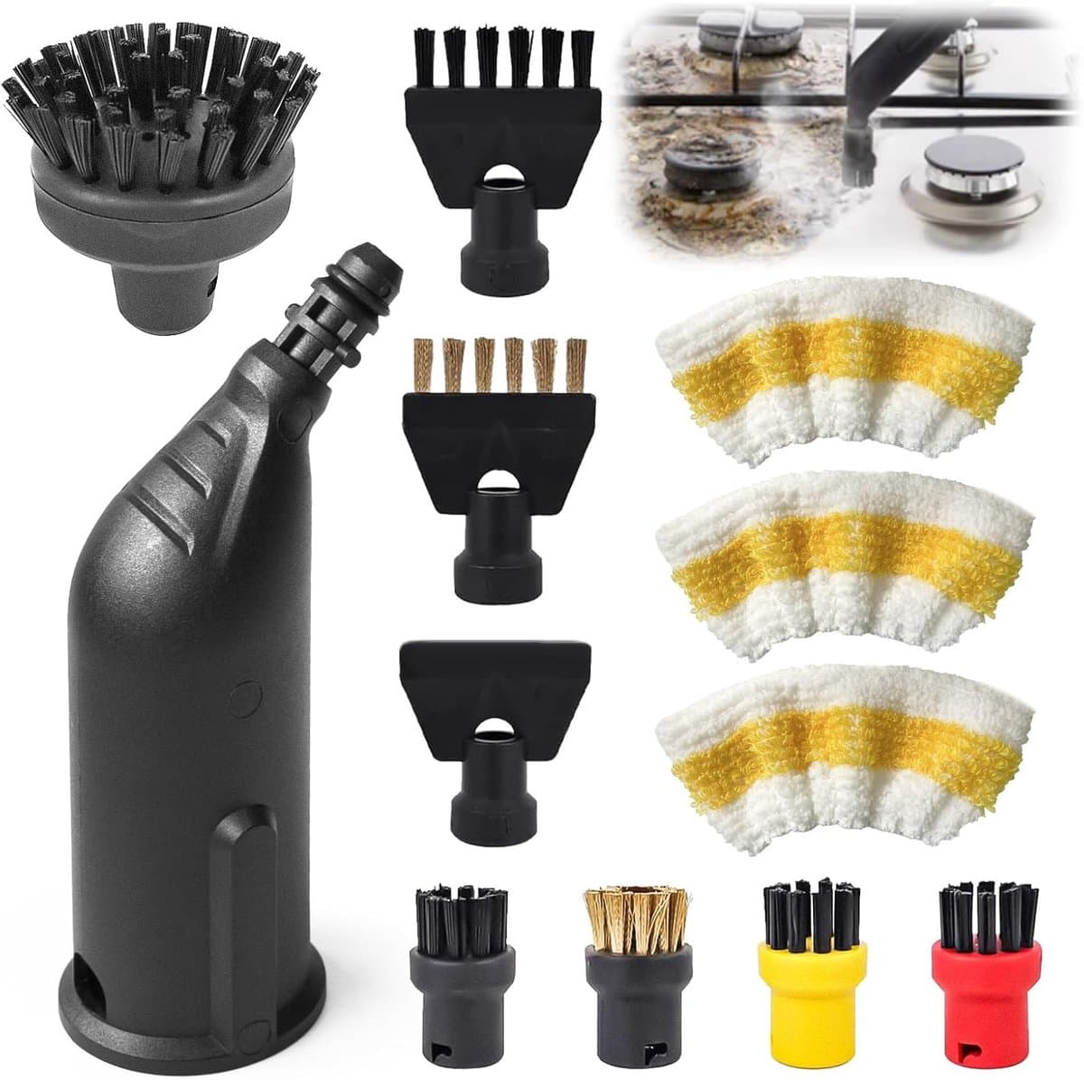 Geschikt voor 12 stuks stoomreinigeraccessoires compatibel met Kärcher SC1 SC2 SC3 SC4 SC5 SC7 CTK10 CTK20 – ronde borstels, mondstukken, verlengbuis en stoommantel voor efficiënte stoomreiniging-Belle's product — afbeelding 1