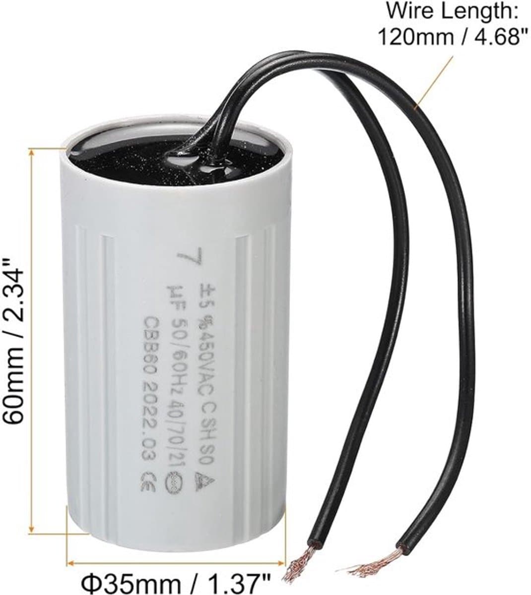 3 stuks CBB60 7uF loopcondensator AC 450 V 2 draden 50/60 Hz cilinder 60 x 35 mm voor waterpompen wasmachines motor starten — afbeelding 1