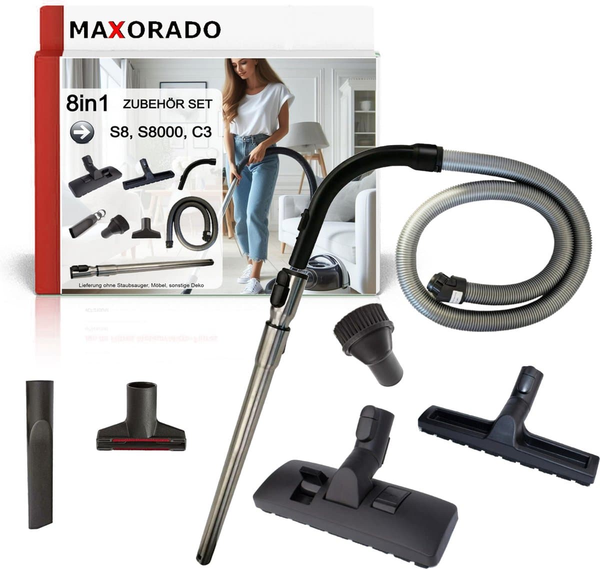 MAXORADO Stofzuiger Set 8-delig - Combi vloerzuigmond + parketzuigmond + telescopische buis + handgreep + flexibele slang + meubelborstel + spleetzuigmond + meubelzuigmond - geschikt voor Miele S8, S8 Serie, C3 — afbeelding 1