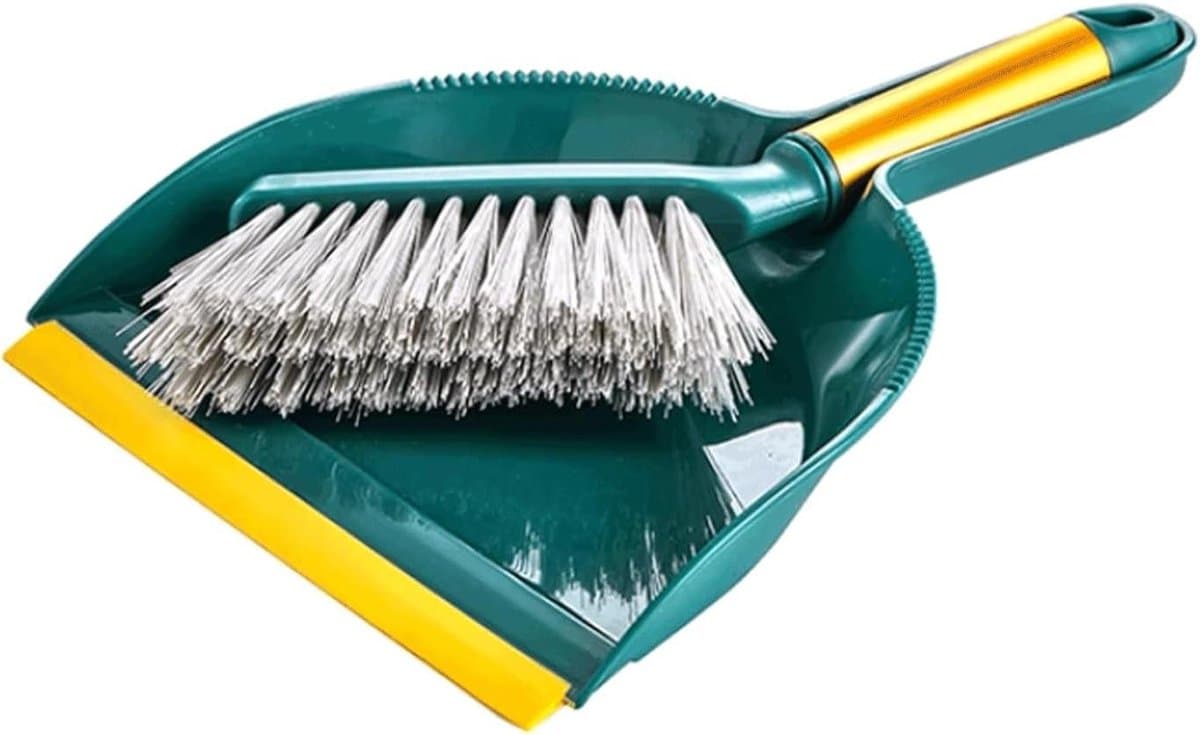 Kleine Bezem Blikset - Mini Schoonmaakset - Bureau Opruimen - Met Schrapende Tanden - 27 x 18 cm - Wit Groen — afbeelding 1