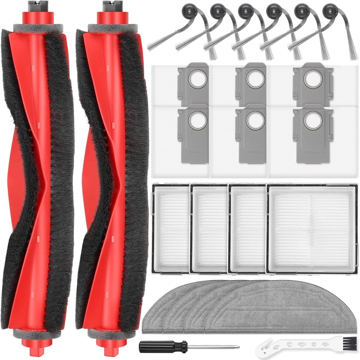 24 stuks accessoires gescht voor Roborock Q10 S5+ robotstofzuiger, 2 hoofdborstels, 6 stofzakken, 4 dweilpads, 4 HEPA-filters, 6 zijborstels, 1 reinigingsborstel, 1 schroevendraaier — afbeelding 1