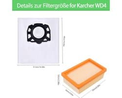 Stofzuigerzakken en filterset - 10 zakken + 2 filters Geschikt voor Kärcher 2.863-006.0 KFI 487 WD4 WD5 WD6 WD5P WD6P Premium MV4 MV5 MV6 reserveonderdelen 2.863-005.0