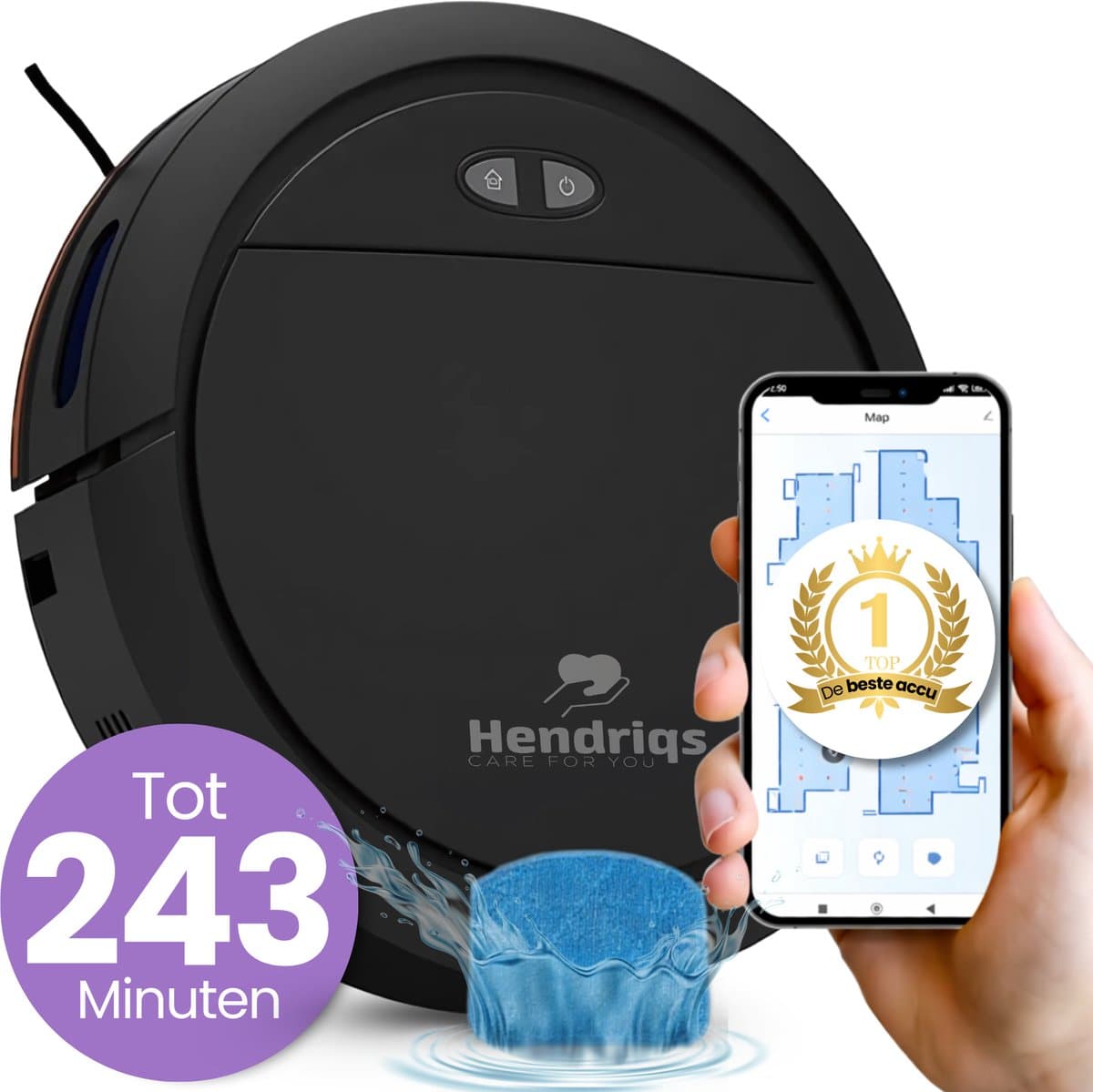 Hendriqs® Robotstofzuiger met Dweilfunctie en Laadstation - Geschikt voor Huisdieren - Tot 243 Minuten Accuduur & Krachtige Zuigkracht - Elektrische Stofzuiger Robot - Dweilrobot - Vacuum Cleaner — afbeelding 1