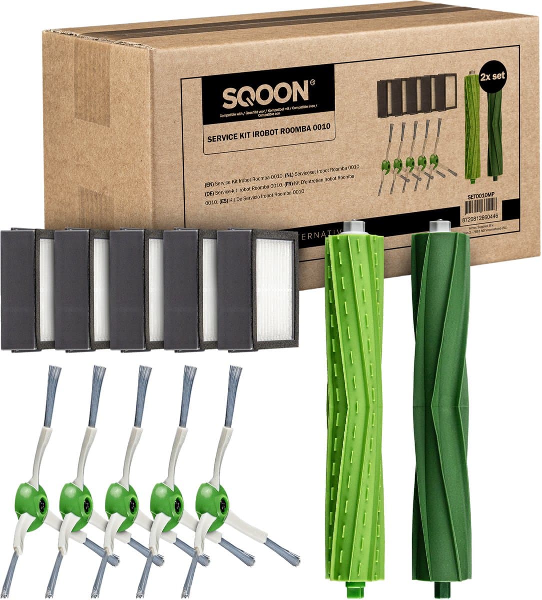 SQOON® Onderdelen Geschikt Voor Irobot - Geschikt voor iRobot Roomba - i7 i7+ i1 i1+ i3 i3+ i4 i4+ i5 i5+ i6 i6+ i8 i8+ e5 e6 e7 (niet j7 , j7+) - 2 X Roller, 5 X Hepa Filter, 5X Zijborstel — afbeelding 1