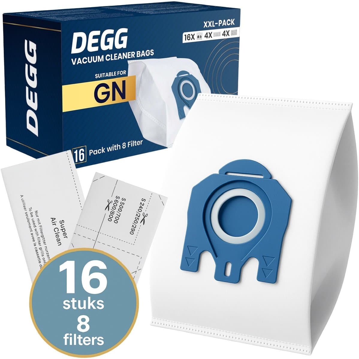 DEGG® - Stofzuigerzakken Geschikt voor MIELE GN - 16 Zakken + 8 Filter (motor & uitblaas) - Geschikt voor MIELE Complete C3, C2, Classic C1, S8, S5, S2 - XXL-PACK — afbeelding 1