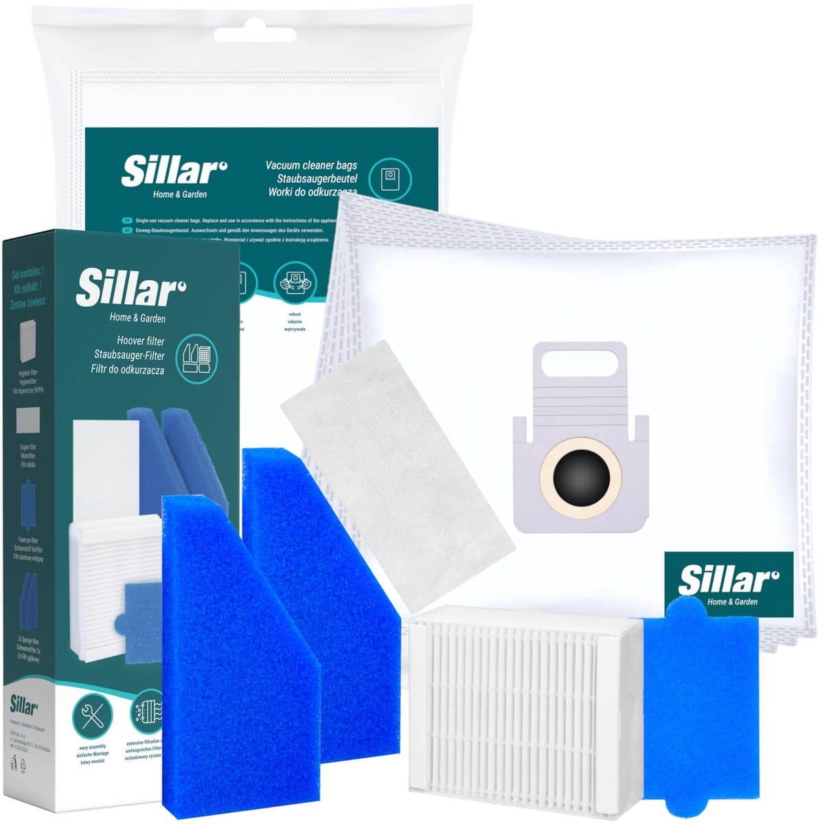 Sillar, accessoireset voor stofzuiger, 5 stofzuigerzakken, synthetisch + 5 stofzuigerfilter, wasbaar, HEPA, sponzenfilters, geschiktvoor de Thomas Aqua+ Pet & Family, Perfect Air, Twin, vervanging EA 787241.787276.787203 — afbeelding 1