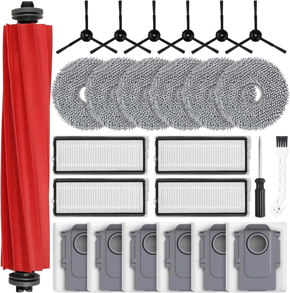 25 stuks accessoires gescht voor Roborock Qrevo Pro/Qrevo S robotstofzuiger, 1 hoofdborstel, 6 stofzakken, 6 dweilpads, 4 HEPA-filters, 6 zijborstels, 1 reinigingsborstel, 1 schroevendraaier — afbeelding 1