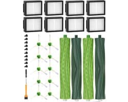 Vervangende onderdelen geschikt voor iRobot Roomba E/I/J-serie, i7 i7+ i3 i3+ i4 i4+ j7 E5 E6, geschikt voor iRobot Roomba-borstelaccessoires, 2 sets rubberen borstels, 8 hoogwaardige filters, 10 zijborstels