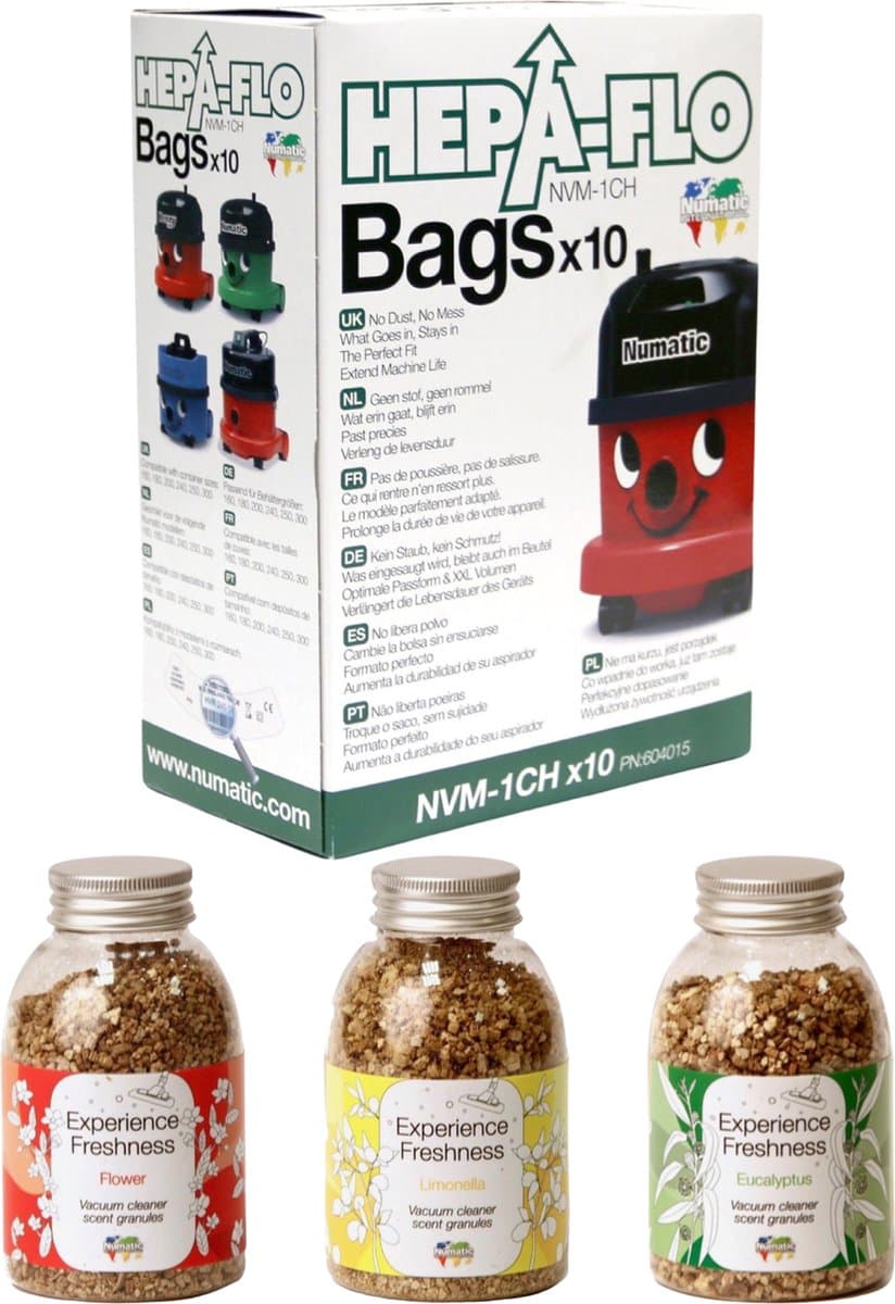 Numatic - 1x Stofzuigerzakken + 3x Geurkorrels Flower/Eucalyptus/Limonella - Hepa flo bags - Voor Henry/Hetty - NVM 1CH X10 - COMBIDEAL — afbeelding 1