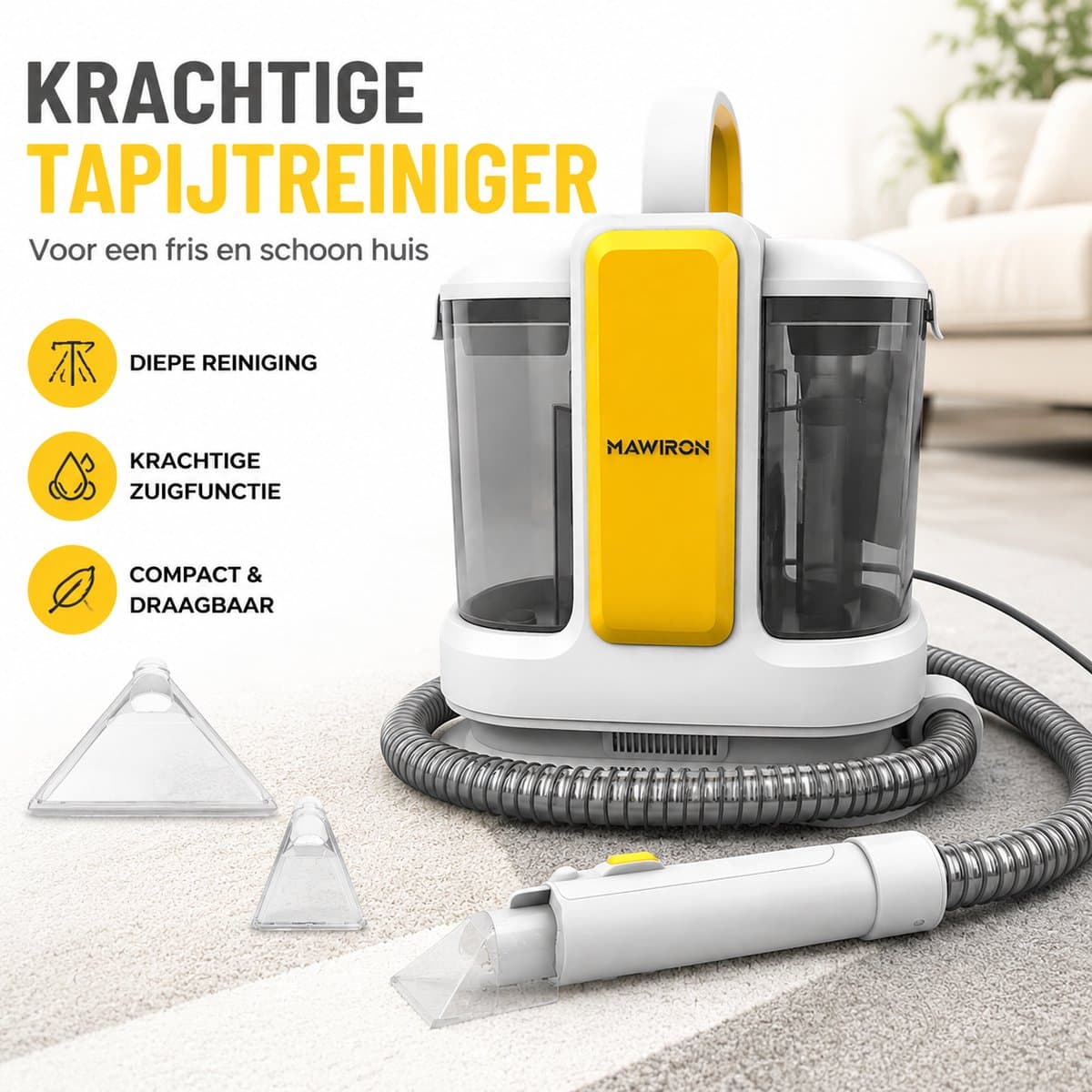 Tapijtreiniger / Vloerreiniger / Vlekkenreiniger – Met spray-functie, 2 borstelkoppen & 4m snoer – Voor tapijt, bekleding, auto & trappen – Incl. flexibele slang – Krachtige vlekverwijderaar — afbeelding 1