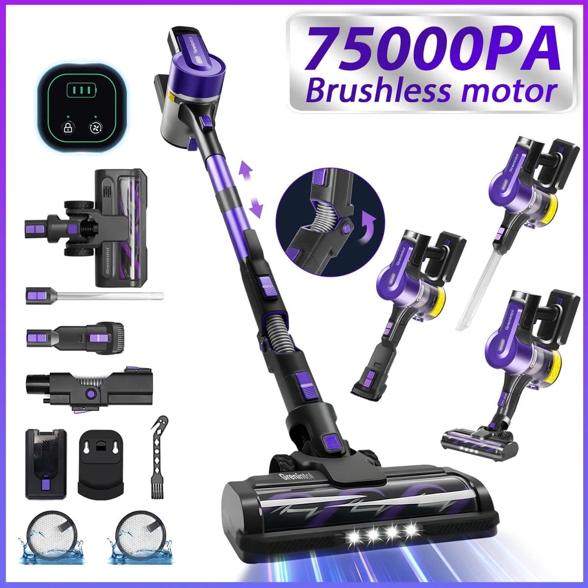 Norvia - Draadloze Steelstofzuiger - Steelstofzuiger - Stofzuiger - 75.000 PA Zuigkracht - 60 Minuten Accuduur - HEPA Filter - LED — afbeelding 1