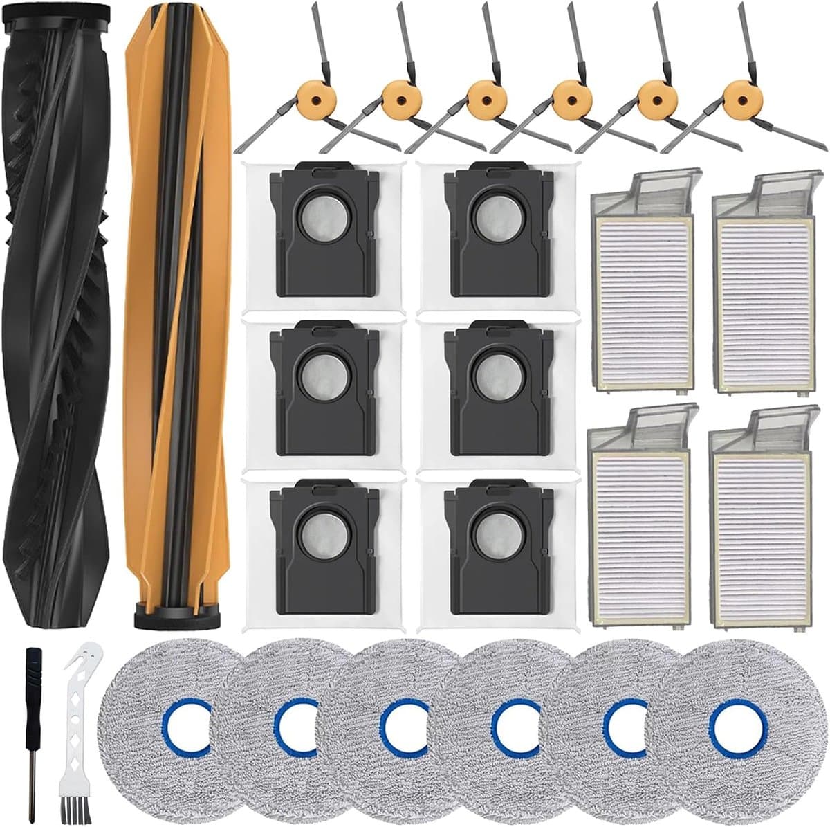 26 stuks - geschikt voor dreame robotstofzuiger -geschikt voor dremel X60 Max Ultra robotstofzuiger - inclusief 2 hoofdrolborstels - 6 dweilpads - 6 stofzakken - 6 zijborstels - 4 HEPA-filter - 2 reinigingsgereedschap — afbeelding 1