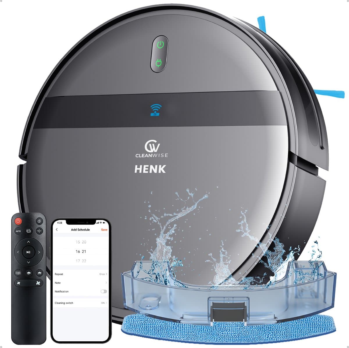 CleanWise Henk Robotstofzuiger – Nederlands Product – Voor Huisdieren – Met Dweilfunctie & Laadstation – Dweilrobot – 4500 Pa – HEPA 14 – Ultra dun 7,4 cm – App & Spraakbediening – Voor Huisdierharen, Harde Vloeren & Tapijt — afbeelding 1