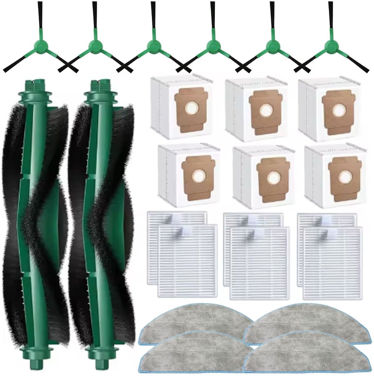 24 stuks vervangende onderdelen voor iRobot Roomba 104/105 Vac/ 105 Combo/ Q052 robotstofzuiger, Q0520 105 accessoires. Inclusief 2 hoofdborstels, 6 filters, 6 stofzakken, 6 zijborstels, 4 dweilpads — afbeelding 1