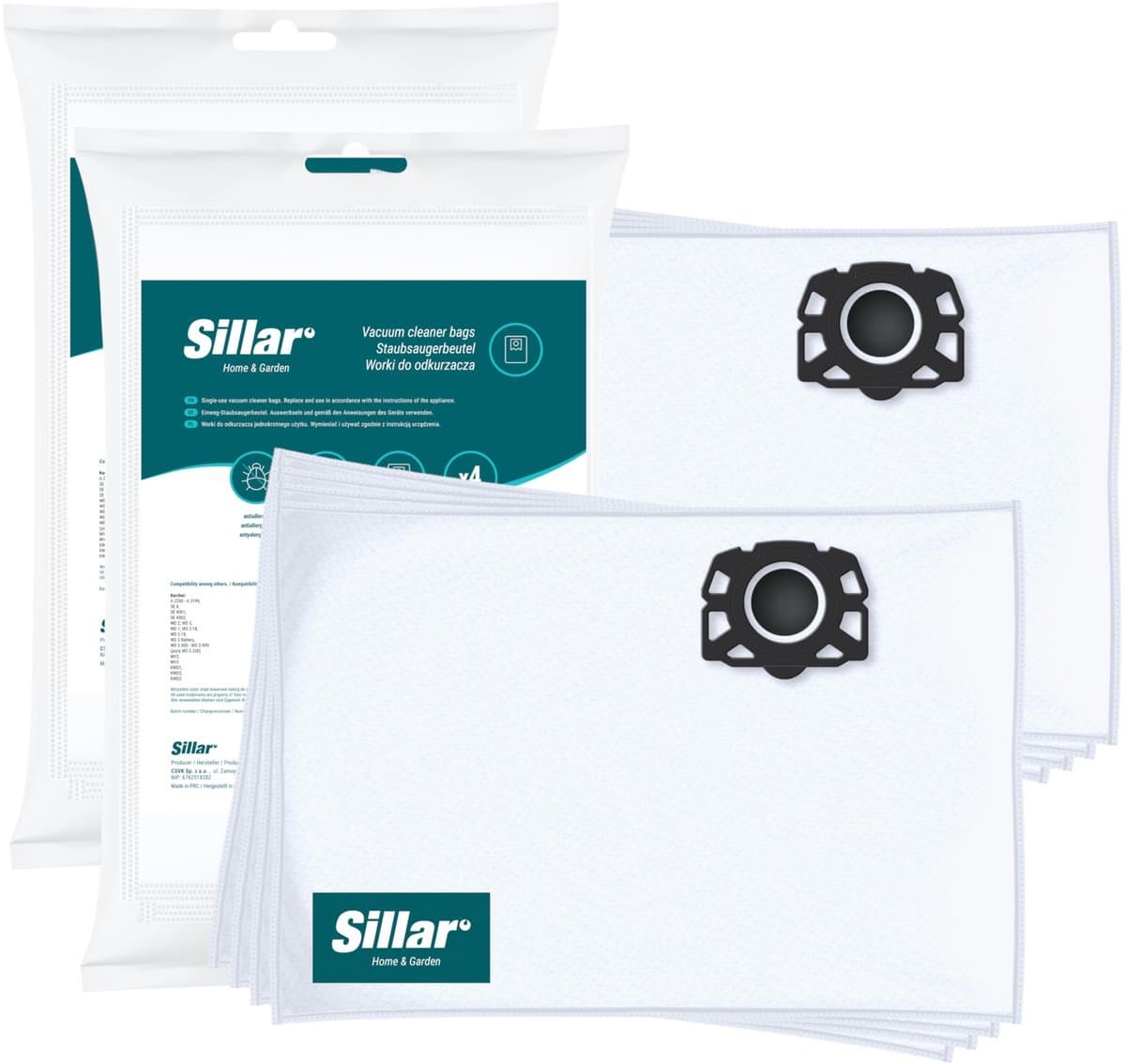 Sillar, stofzuigerzakken synthetisch - anti-allergeen, vervanging voor 6.959-130.0 2.863-314.0 KFI 357 - geschikt voor stofzuigers Karcher WD1 WD2 WD3 WD3.200 KWD1 KWD2 KWD3 SE4 SE4001 SE4002 - 8 stuks — afbeelding 1