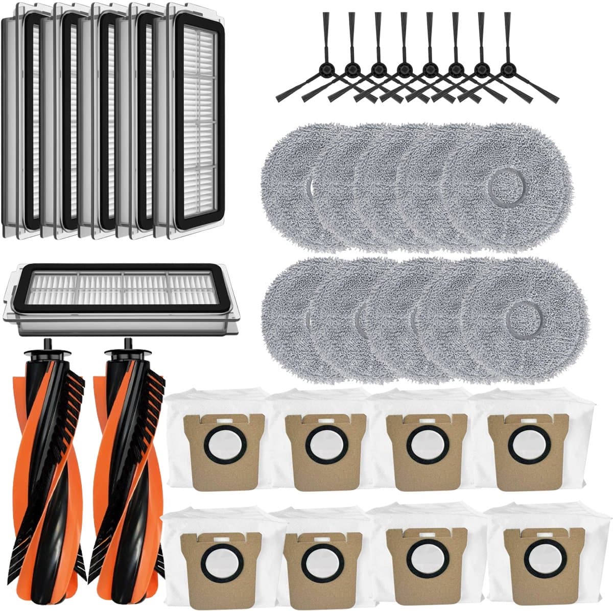 34 stuks - vervangende onderdelen - geschikt voor JONR P20 PRO/T5 Pro robotstofzuiger - 2 hoofdborstel - 6 HEPA-filter - 10 dweil - 8 stofzak - 8 Zijborstel — afbeelding 1